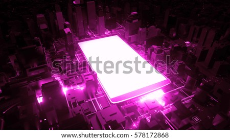 3d rendered technology background. Giant cellphone is in the center of city. Mobile phone generating a lot of energy waves. Interrelation of digital and modern life concept.