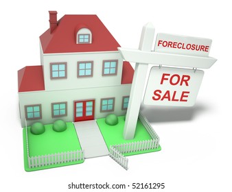 A 3d rendered top angle of a 2 story house with a giant for sale/foreclosure sign in the yeard. Isolated on a white background