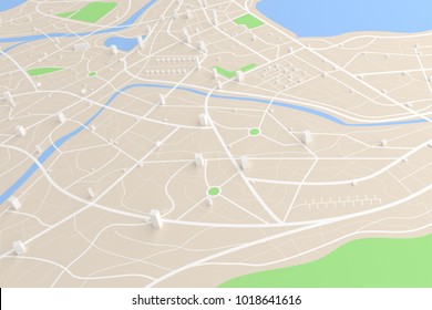 3D Rendered Top View Of City Map With Road Building River 3D Illustration