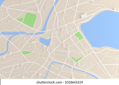 3D Rendered Top View Of City Map With Road Building River 3D Illustration