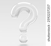 A 3D rendered transparent question mark on a white background. The question mark appears glossy and reflective, emphasizing its transparency and clarity. Creative font design.