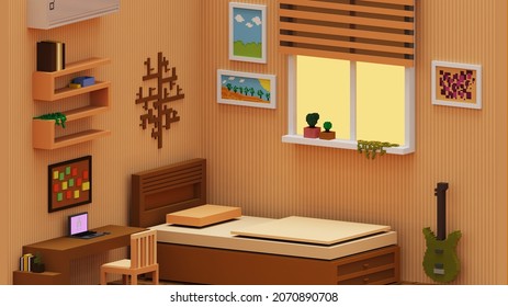 3d rendered voxel isometric bedroom with bed, air conditioning, paintings on wall, laptop, work desk and flowers in pot on brown background. voxel and pixel design