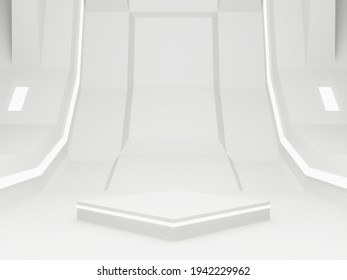 3D Rendered White Spaceship Room Stage. Futuristic Background.