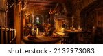 3D rendered wide panorama of a fantasy medieval tavern with food and drink on tables around an open fireplace. 