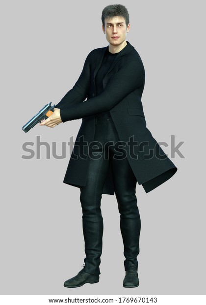黒いスーツと武器を着て戦闘ポーズをとった3dレンダリングの青年 3dイラスト のイラスト素材