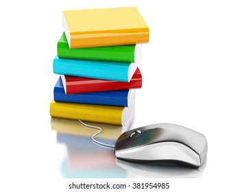 3d renderer illustration. Computer mouse and books. Online education concept. Isolated white background. 