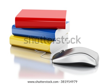 3d renderer illustration. Computer mouse and books. Online education concept. Isolated white background. 