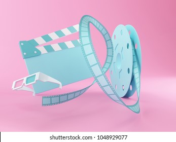 3d Renderer Illustration. Film Reel ,3d Glasses And Movie Clapper Board. Cinematography Concept.