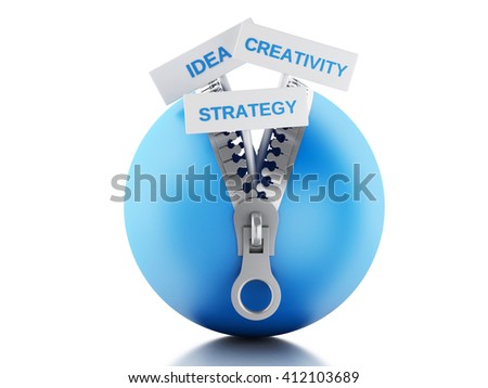 3d renderer image. Blue ball with zipper open and posters with business concept. Isolated white background.