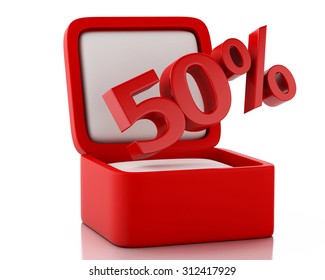 3d renderer image. Gift box with 50 percent discount. Sale concept. Isolated white background