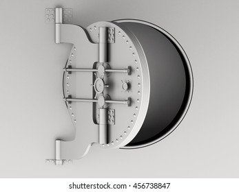 3d renderer image. Metallic bank vault door open. Security and safe concept.