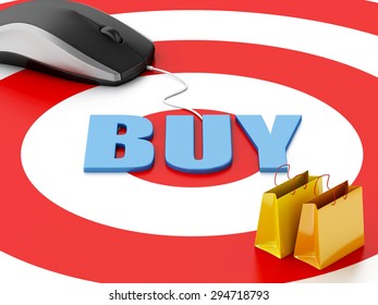 3d renderer image. Online internet concept. Computer mouse and shopping bags on target.
