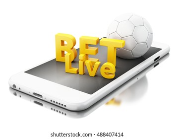 3d Renderer Image. Smartphone With Soccer Ball And Bet Live. Betting Concept. Isolated White Background.