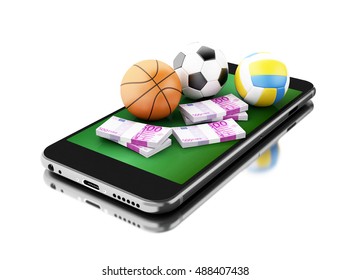 3d Renderer Image. Smartphone With Sport Balls And Money. Betting Concept. Isolated White Background.