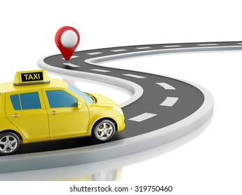 3d renderer image. Taxi car on the road, and map pointer. Isolated white background