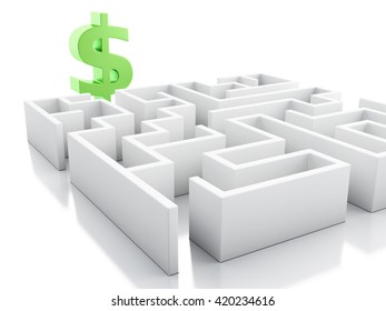 3d renderer image. White maze with dollar sign. Business concept. Isolated white background.