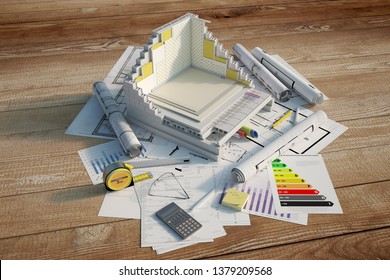 3D Renderin Of A Building Cross Section Showing Insulation Layers And Building Details On Top Of Blueprints And A Energy Efficiency Chart