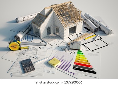 3D renderin of a house under construction on top of blueprints, mortgage forms and a energy efficiency chart