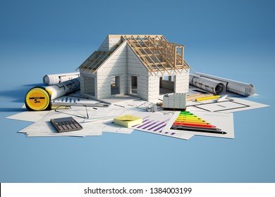 3D renderin of a house under construction on top of blueprints, mortgage forms and a energy efficiency chart