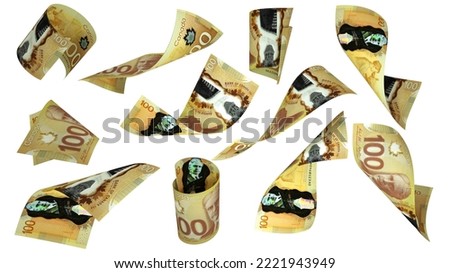 3D rendering of 100 Canadian dollar notes flying in different angles and orientations isolated on white background Foto d'archivio © 