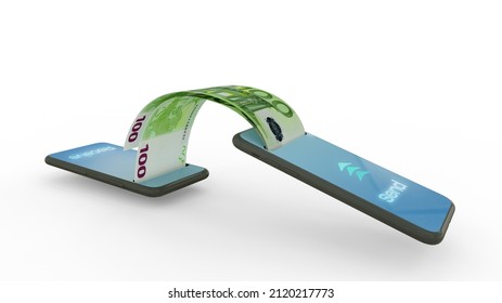 3D rendering of 100 euro notes transferring from one phone to another. mobile money transaction concept