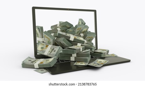 3D Rendering Of 100 US Dollar Notes Coming Out Of A Laptop Monitor Isolated On White Background. Stacks Of Dollar Notes Inside A Laptop. Money From Computer, Money From Laptop