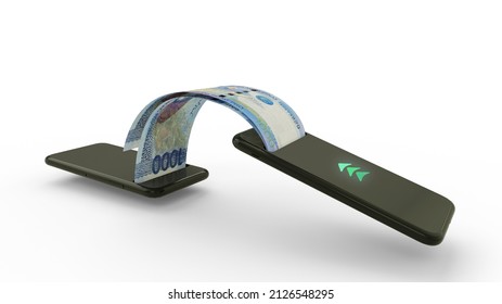 3D rendering of 1000 Philippines peso notes transferring from one phone to another. mobile money transaction concept