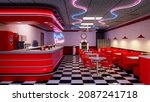 3D rendering of a 1950s vintage American diner interior.