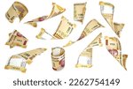 3D rendering of 200 Indian rupee notes flying in different angles and orientations isolated on white background