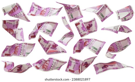 3D rendering of 2000 Indian rupee notes flying in different angles and orientations isolated on white background