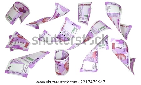 3D rendering of 2000 Indian rupee notes flying in different angles and orientations isolated on white background