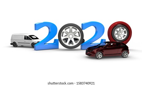 3D rendering of 2020 new year date formed by numbers and pins of navigators instead of zeros. Wheels and car are complementary to the composition. Idea for calendar isolated on white background.