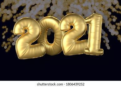 3D Rendering 2021 Gold Mylar Balloon Numbers On Bokeh Lights Background