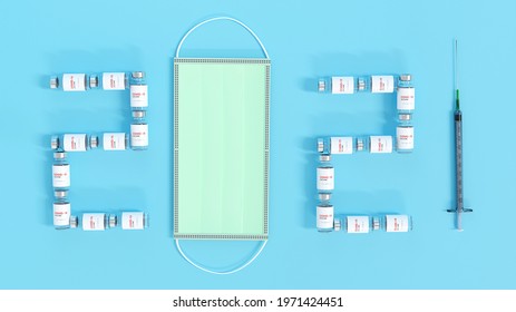 3D Rendering. 2021 New Year In Pharmacology Development: Covid-19 Vaccines Invention And Testing Vaccination. Antiviral Therapy, Coronavirus Treatment And Prevention ​concept