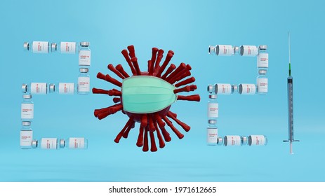 3D Rendering. 2021 New Year In Pharmacology Development: Covid-19 Vaccines Invention And Testing Vaccination. 

Antiviral Therapy, Coronavirus Treatment And Prevention ​concept