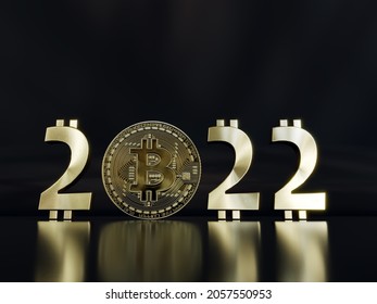 3D-Darstellung des Neujahrsdatums 2022 mit goldenen bitcoinischen Ziffern auf schwarzem Hintergrund
