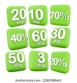 3d rendering 3, 10, 20, 30, 50, 60 day to go, left icon set. 3d render 20, 40, 70 percent icon set. Countdown to the start of the sale and discounts in it. 3D Illustration
