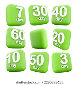 3d rendering 3, 7, 10, 20, 30 , 40, 50, 60 day to go, left icon set. 3d render event reminder by day icon set. Three, seven, ten, twenty, thirty, fourty, fifty, sixty day. 3D Illustration
