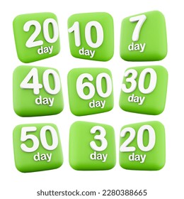 3d rendering 3, 7, 10, 20, 30 , 40, 50, 60 day to go, left icon set. 3d render event reminder by day icon set. Three, seven, ten, twenty, thirty, fourty, fifty, sixty day. 3D Illustration