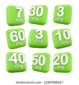 3d rendering 3, 7, 10, 20, 30 , 40, 50, 60 day to go, left icon set. 3d render event reminder by day icon set. Three, seven, ten, twenty, thirty, fourty, fifty, sixty day. 3D Illustration