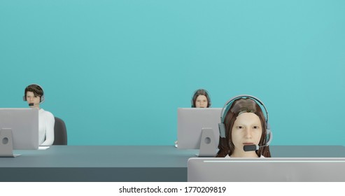 3D rendering, 3 call centers employees or customer service in white shirts sitting in front of the phone answering the blue wall , 3D illustration