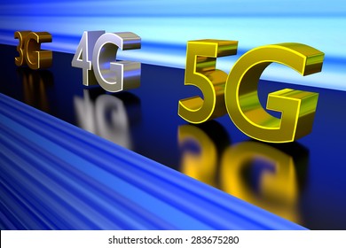 A 3D rendering of 3G 4G and 5G network speeds racing on a track.