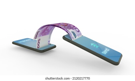 3D rendering of 500 euro notes transferring from one phone to another. mobile money transaction concept
