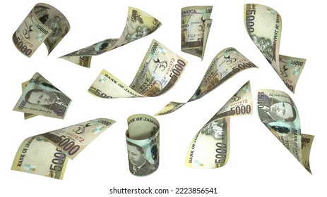 3D rendering of 5000 Jamaican dollar notes flying in different angles and orientations isolated on white background
