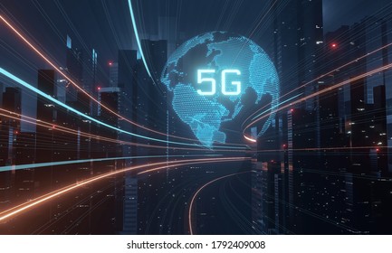 3D Rendering Of 5G Text Glowing Over Hologram Globe And Mega City Background. Concept Of High Speed Next Generation Network. Telecom Technology Innovation