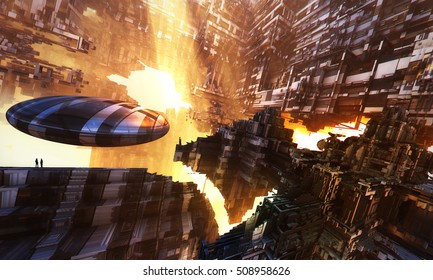 3d Rendering -A Futuristic Spaceship Is Landing.