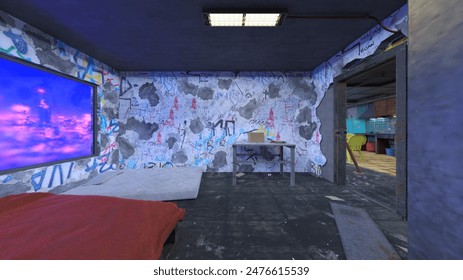 3D rendering of the abandoned building with rough interior