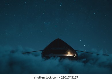 3d Rendering Of Abandoned Wooden Boat Over Fluffy Night Clouds. Illuminated From A Storm Lantern