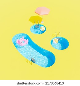 3D Rendering From Above Of Inflatable Flamingo And Balls Floating In Water Of Oval And Round Shaped Swimming Pools Against Yellow Background With Umbrella