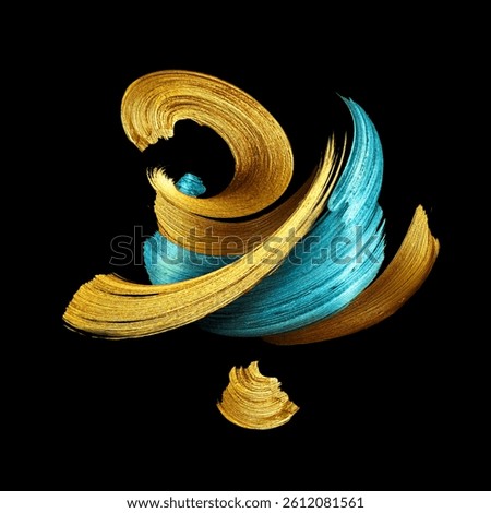 3D rendering, abstract artistic brush strokes. Curved streak. Splash of gold and mint blue paint, liquid metallic splatter, isolated on a black background
